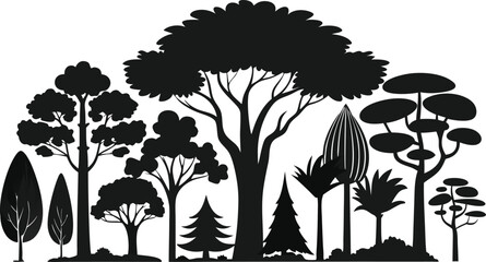 Silhouette Forest: A stark, high-contrast silhouette of various trees, from towering oaks to delicate evergreens, creating a visually compelling graphic of the wilderness.