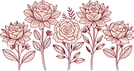 Floral Flourish: An elegant illustration of five exquisite flower blooms, showcasing intricate petals and verdant leaves in a delicate, artistic style. 