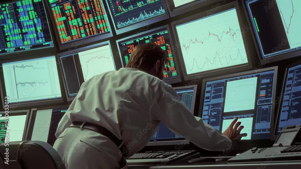 Poster trader analyzes market data in a busy financial trading room during active trading hours