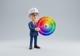 Design Expert Holds Spectrum Palette. A charming 3D avatar, an architect or designer, presents a vivid chromatic guide, symbolizing creative precision and diverse options.