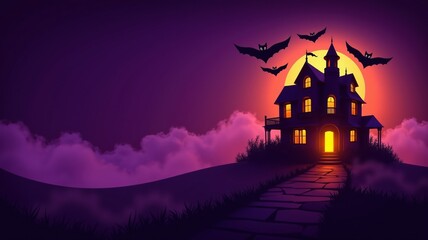 haunted house silhouette against a purple night sky with full moon and flying bats creating a spooky atmosphere for halloween