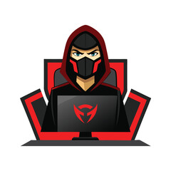 Masked gamer pro character carrying dual monitor gear Vector illustration
