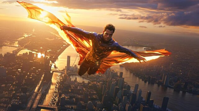 Superhero flying in the sky with costume and cape. Action movie blockbuster shot