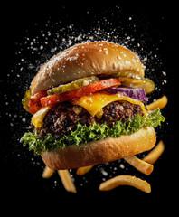 A mid-air masterpiece shows a cheeseburger with golden fries and salt flakes caught in motion, all illuminated against a deep black background, evoking flavor, crunch, and crave-worthiness.