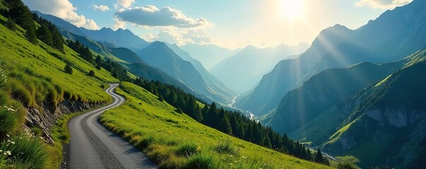 Winding Mountain Road Through Sun-Drenched Green Valley A Stunning Panoramic Vista Perfect for Travel and Adventure Photography