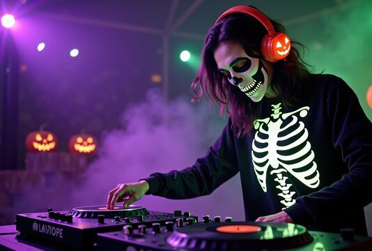 young man dj mixing music at halloween party with skeleton costume, glowing headsets, and spooky ambiance featuring festive decorations