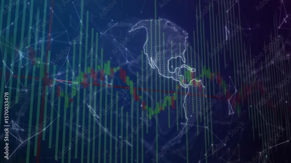 Poster fading globe rotating over bars and candlestick line scrolling across nodes showing market trends