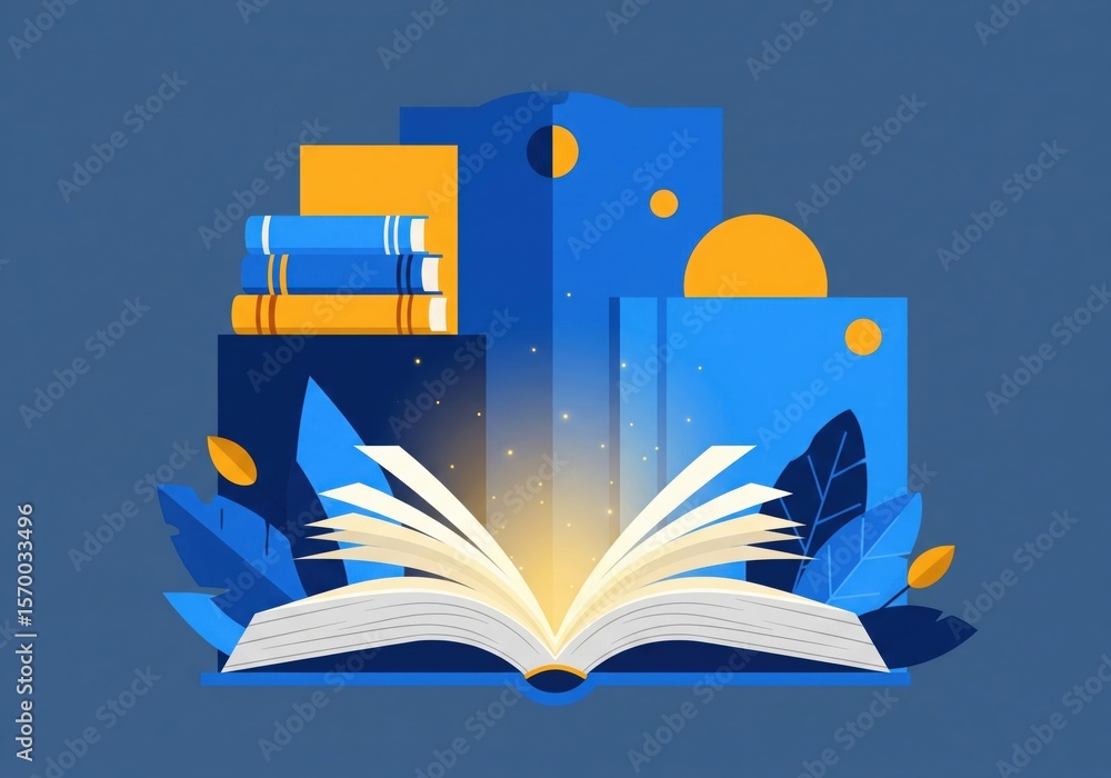 Poster glowing open book of knowledge. this vibrant image depicts an illuminated tome, symbolizing the prof