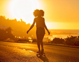 Fototapeta premium A person on a skateboard at sunset. Skating on the road.