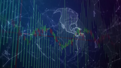 Fading globe rotating over bars and candlestick line scrolling across nodes showing market trends - Powered by Adobe