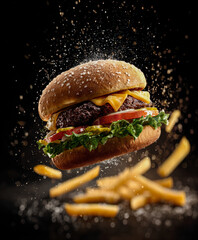 A suspended moment captures a cheeseburger mid-flight with scattered chips and salt, all set against a rich black backdrop that amplifies the crisp textures and savory delight.