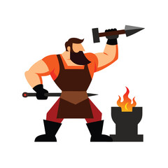 Muscular blacksmith hammering molten metal fiery design Vector illustration