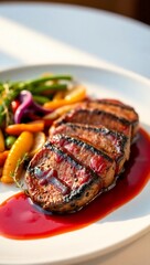 elegant dish plated meat buffalo medallions red wine reduction wild game meat side angle food gourmet meat bison medallions fine dining plate

