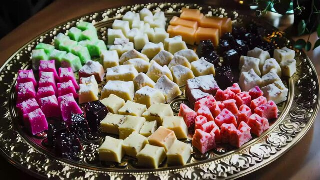 Colorful display of various traditional sweets arranged on an ornate tray in a social gathering setting