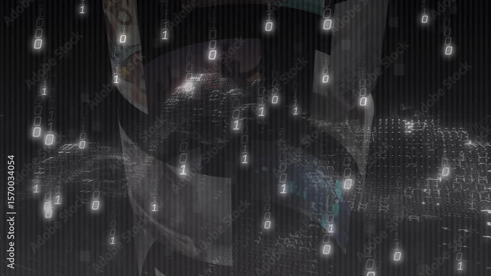 Poster tech demo showing cylinder receiving binary rain, rotating revealing pattern forming glowing mesh