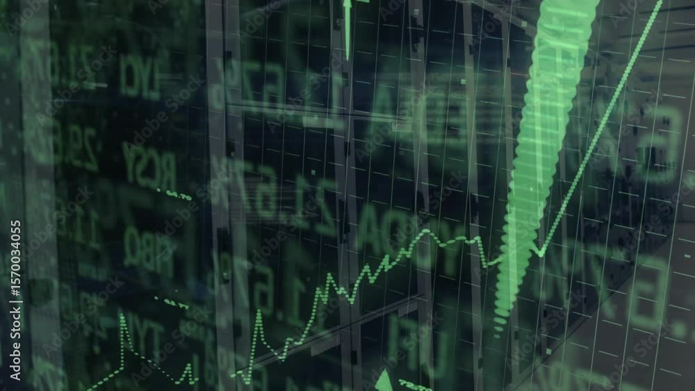 Poster grid fading with tickers scrolling making line graph oscillating, bars, arrows rising showing surge