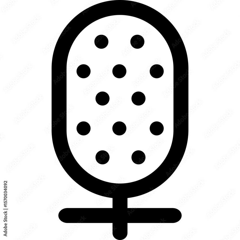 Poster illustration of an oval shape with rounded edges filled with dots and a cross below it in black colo