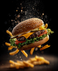 This high-speed shot features a cheeseburger soaring through the air, with golden French fries and salt crystals frozen in mid-flight, creating a bold, appetizing scene on black.