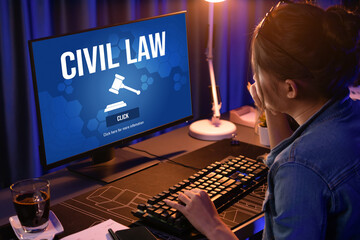 Civil law brisk information showing on computer screen for Common Justice Legal Regulation Rights...