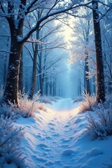 Magical Winter Wonderland Forest Scene Frosted Trees, Glistening Path, Ethereal Glow