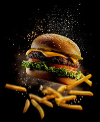 A realistic photograph captures a juicy cheeseburger mid-flight, accompanied by crispy chips and salt, all suspended against a dramatic black background, highlighting flavor, motion, and mouthwat