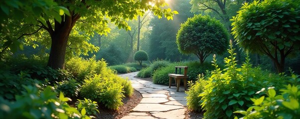 Serene Autumn Garden Path Sunlight Dapples a Winding Walkway Leading to a Peaceful Seating Area, Perfect for Relaxation and Contemplation.