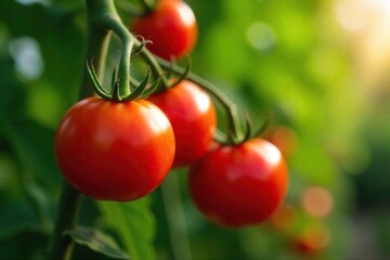 Ripe Red Tomatoes Ready for Harvest A Lush Vine of Organic Produce Bursting with Flavor, Perfect for Agricultural, Food, and Farming Stock Photos.