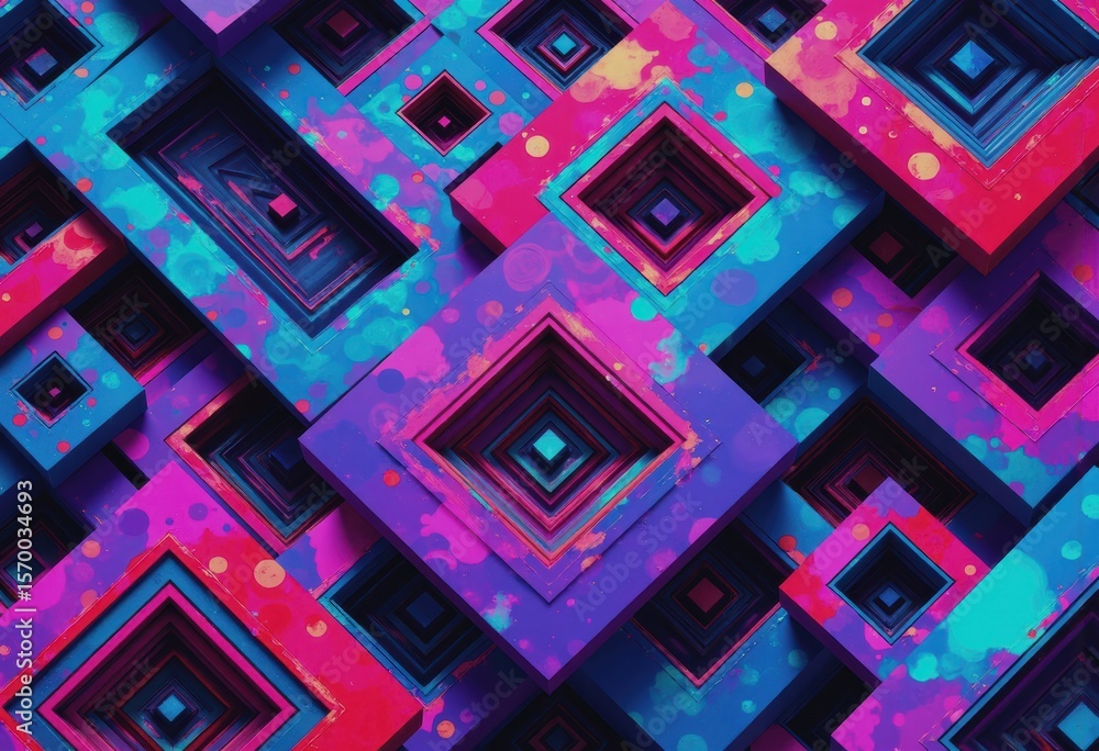 Poster abstract geometric shapes with vibrant neo-psychedelic patterns in vivid colors