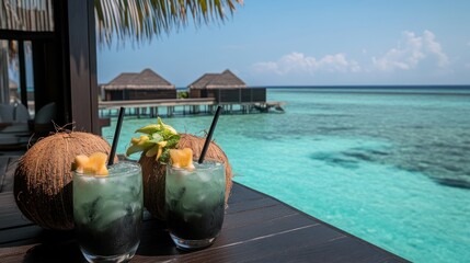 Refreshing Coconut Cocktails Overlooking the Turquoise Ocean in Maldives
