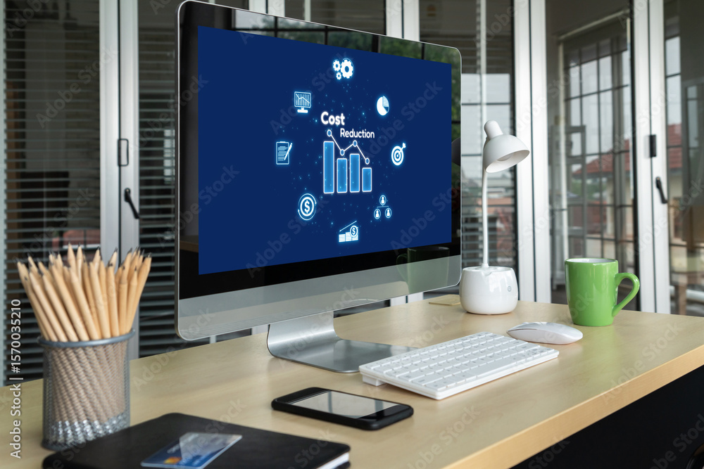 Poster cost reduction, cost saving concept shown on computer screen brisk, corporate business efficiently s