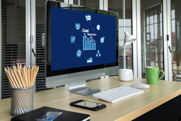 Cost reduction, cost saving concept shown on computer screen brisk, corporate business efficiently save cost and company resources by reduction of unnecessary expenses