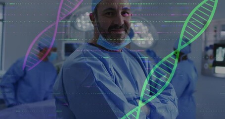 Zooming in revealing lead surgeon relaxing arms, smiling as DNA strands stabilizing under OR light - Powered by Adobe