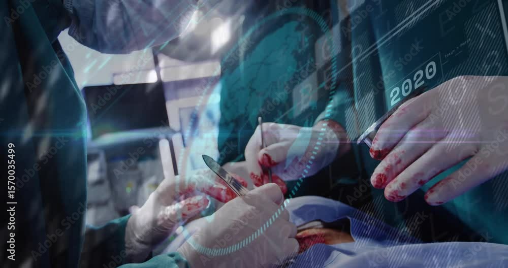 Poster surgeons making incision with scalpel, unveiling animated timeline data showing medical advances