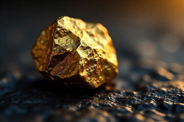 Lustrous Golden Nugget Treasure Discovery, Close-up of a Perfectly Formed Gold Nugget Reflecting Light on a Dark Surface, Symbolizing Wealth and Value.