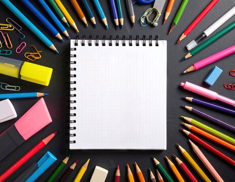 Colorful school supplies arranged around a blank notebook