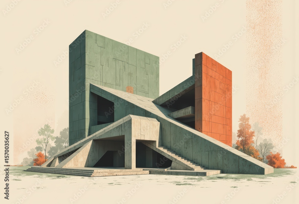 Poster neo-brutalist architecture featuring stark contrasts in color and form