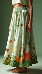 Whimsical Forest-Themed Skirt Flowing Bohemian Design with Embroidered Woodland Creatures