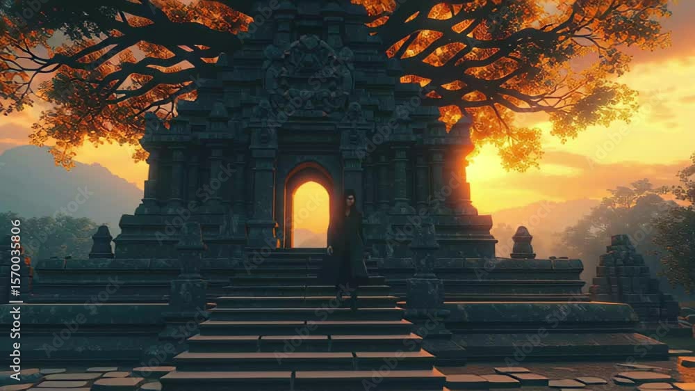 Aufkleber ancient temple with a grand tree at sunset creating a mystical atmosphere in a serene landscape