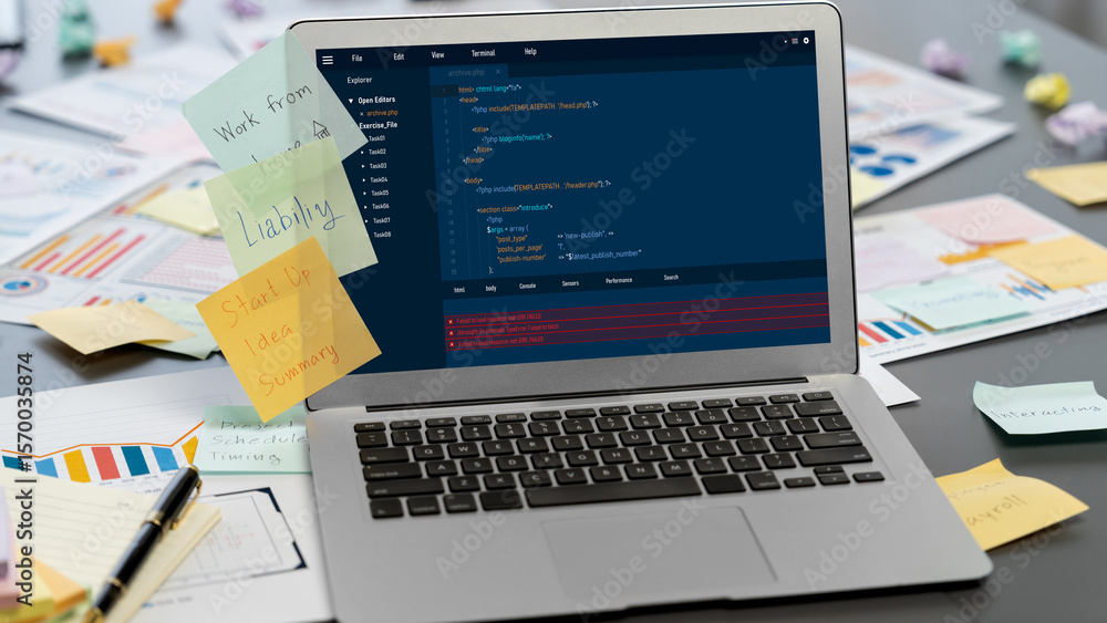 Poster sticky note for creative and analytic brainstorm for business idea with bi data dashboard on laptop 