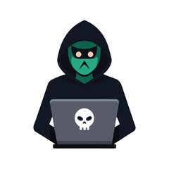 Hacker with laptop glowing skull screen underground tech Vector illustration