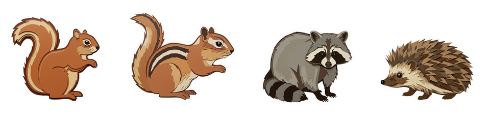 Forest animals set with squirrel, chipmunk, raccoon, hedgehog in paper cut applique style on white background
