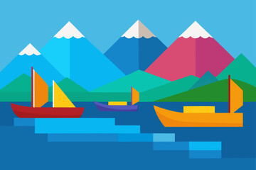 Colorful Boats on Calm Lake with Mountain View