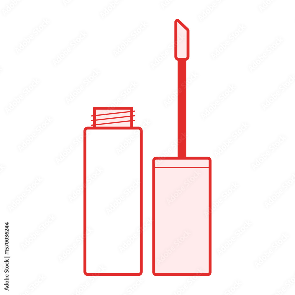 Poster illustration of an open lip gloss container with applicator and red outline on a white background