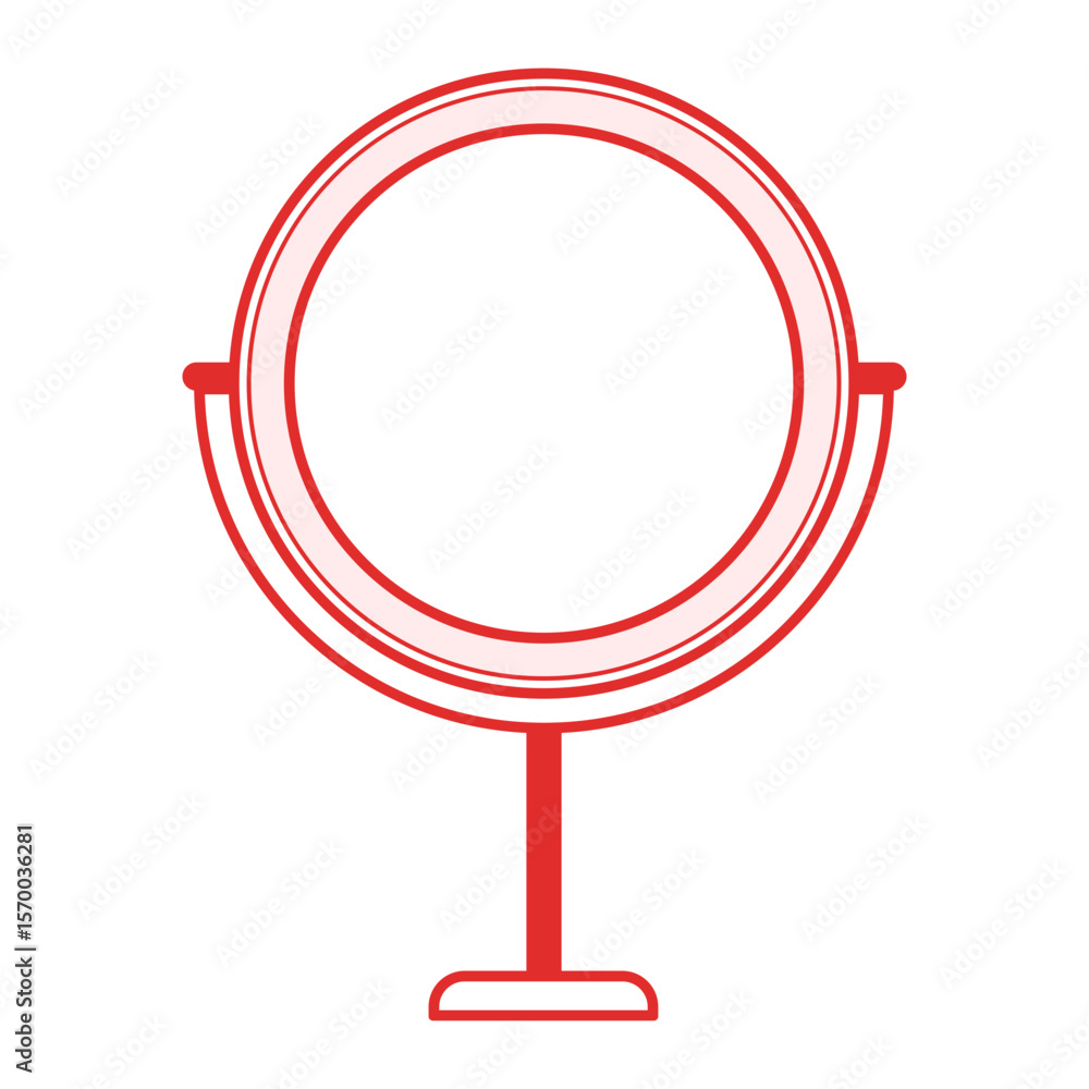 Poster illustration of a red vanity mirror with a round frame and a pedestal base on a white background