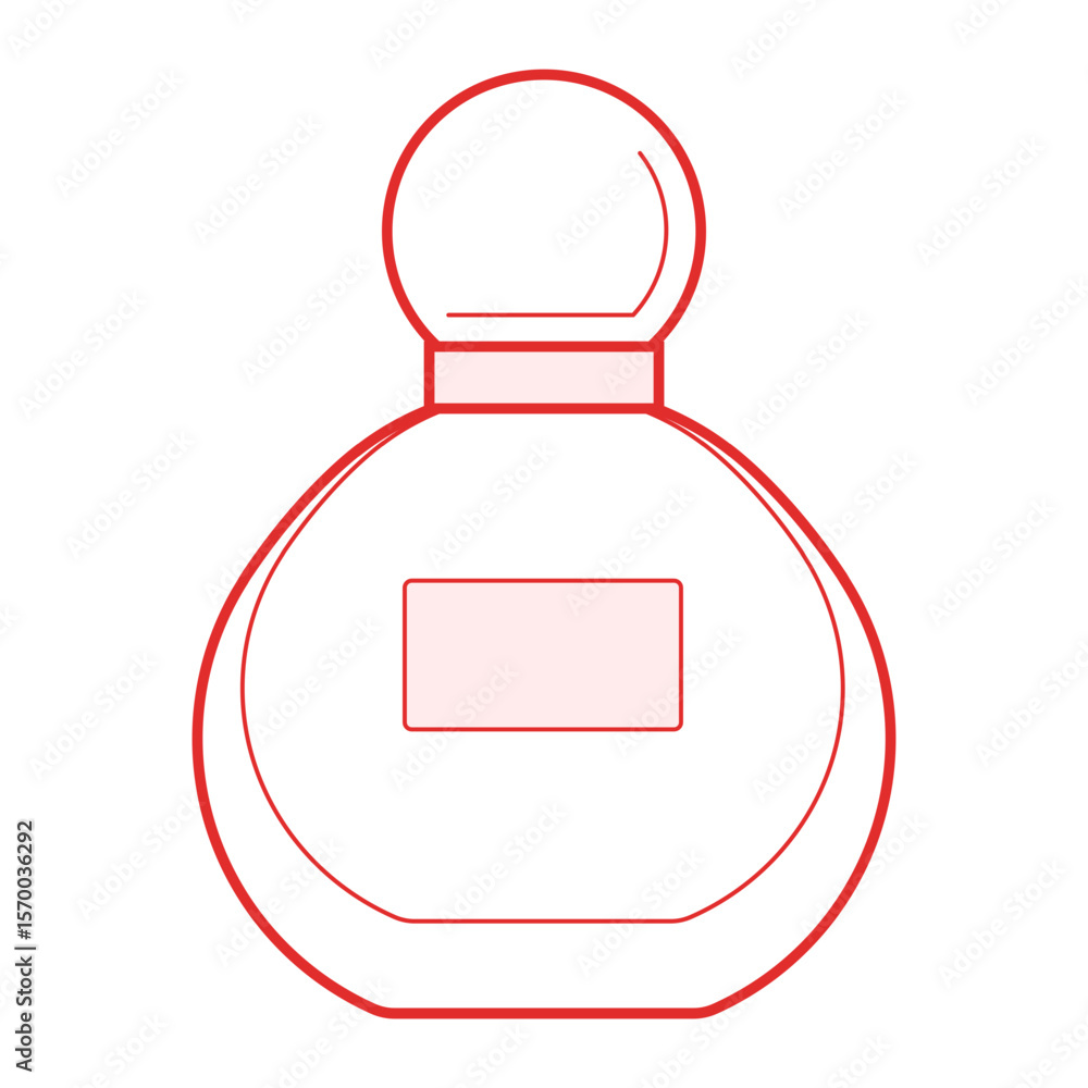 Poster illustration of a simple perfume bottle with a round shape and a rectangular label outline in red co