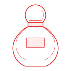 Illustration of a simple perfume bottle with a round shape and a rectangular label outline in red color