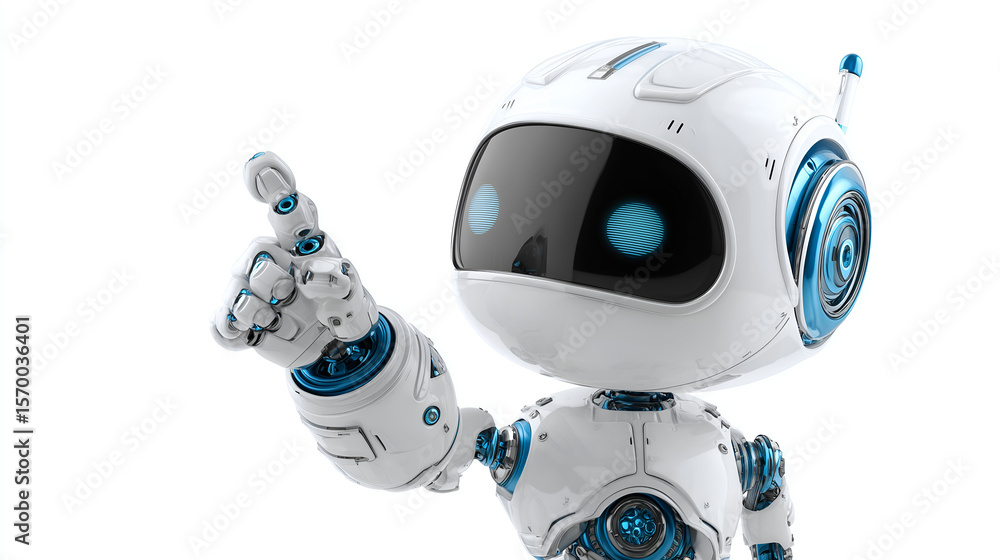 Poster futuristic robot illustration: a cutting-edge robot, a symbol of technological innovation, pointing 
