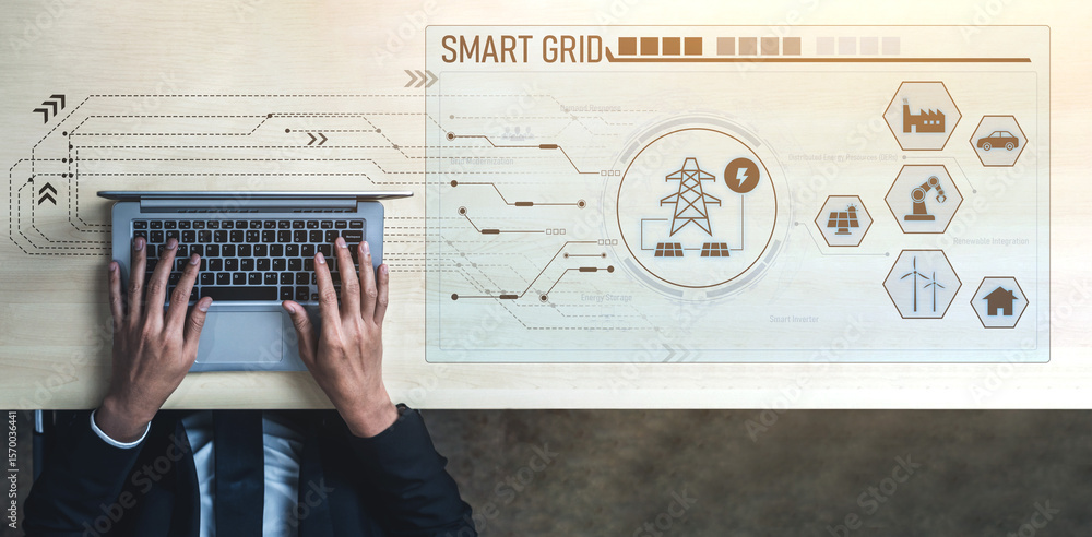 Poster smart grid system integrating renewable energy sources, energy storage, smart inverters, and demand 