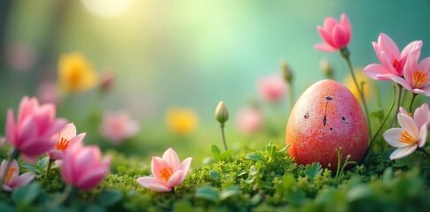 Tiny Painted Egg Hidden in Vibrant Spring Blooms A Whimsical Easter Surprise