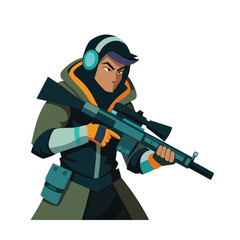 Obraz premium Sniper gamer with glowing scope and concentrated expression Vector illustration
